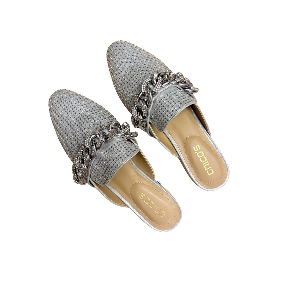 CHICOS Women's Silver Studded Chain Slip-On Mule Flats Pointed Toe